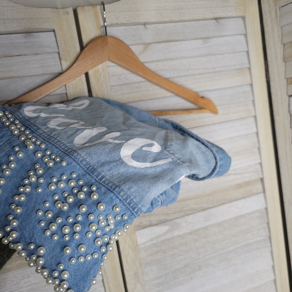 International Concepts Jean Jacket Beaded "Love Wins" Custom Womens XS Blue - Picture 11 of 11